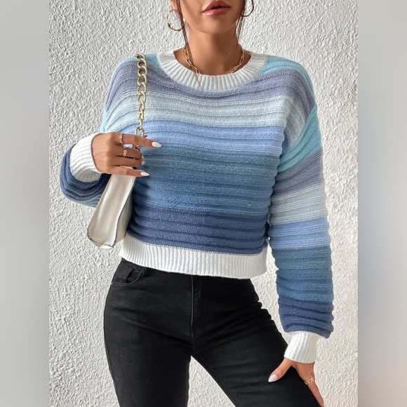 🆕 Balloon Sleeve Sweater - Blue & White Stripes - Picture 4 of 5